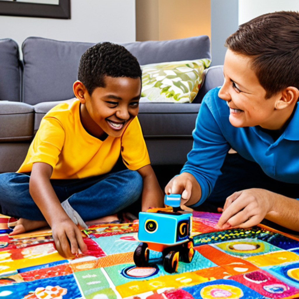 A diverse group of children, around 7-9 years old, fully clothed in modest, comfortable attire, enthusiastically engaged in interactive play with educational robots on a colorful mat in a bright, family-friendly living room. One child is pointing excitedly at a small, block-shaped robot, while another is smiling and manipulating its controls. The scene emphasizes hands-on learning, curiosity, and teamwork. Perfect anatomy, correct proportions, natural poses, well-formed hands, proper finger count. Safe for work, appropriate content, fully clothed, family-friendly. Professional photography, high quality.