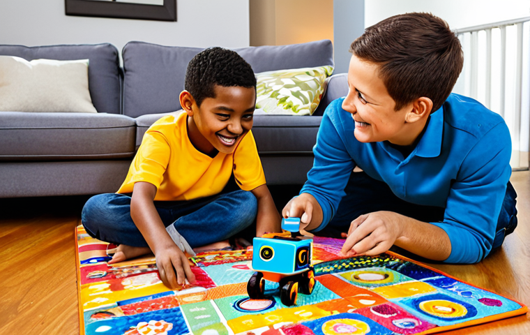 A diverse group of children, around 7-9 years old, fully clothed in modest, comfortable attire, enthusiastically engaged in interactive play with educational robots on a colorful mat in a bright, family-friendly living room. One child is pointing excitedly at a small, block-shaped robot, while another is smiling and manipulating its controls. The scene emphasizes hands-on learning, curiosity, and teamwork. Perfect anatomy, correct proportions, natural poses, well-formed hands, proper finger count. Safe for work, appropriate content, fully clothed, family-friendly. Professional photography, high quality.